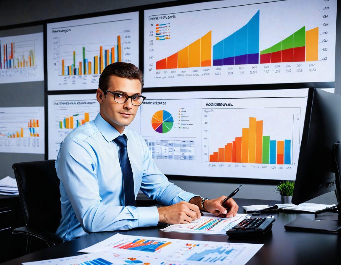 A confident individual analyzing financial documents and credit reports at a modern office desk, with vibrant charts and graphs displayed on a large screen in the background. Include elements like a calculator, stacks of paperwork, and a cup of coffee for a productive feel. The atmosphere should exude professionalism and motivation, symbolizing financial success. super-realistic. vibrant colors. modern design.
