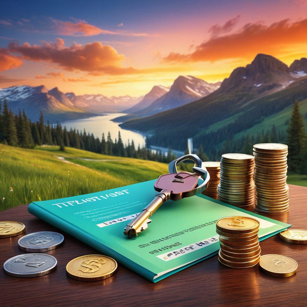 A visually engaging composition featuring a large, glowing key symbolizing unlocking secrets, surrounded by stacks of coins and credit reports. In the background, a serene landscape symbolizes financial stability, with elements like a balanced scale and a rising graph. Overlay text in elegant font reading 'Tips for Effective Debt Management'. vibrant colors. super-realistic.