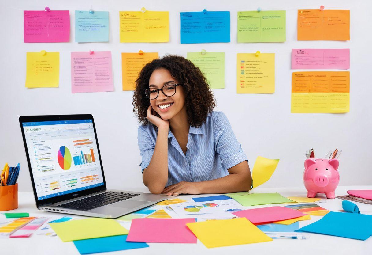 A person joyfully reviewing their credit report on a laptop, surrounded by colorful charts and graphs detailing score enhancement strategies. Brightly colored sticky notes with tips are scattered around, exuding a sense of organization and positivity. A glowing key symbolizes unlocking financial secrets, while a piggy bank stands in the background representing savings. The scene is lively and hopeful, encouraging financial empowerment. vibrant colors. super-realistic. white background.